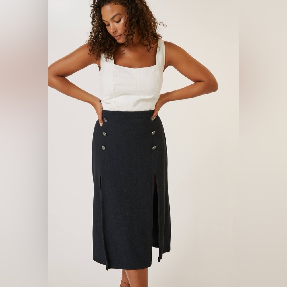 Maeve by Anthropologie Dual Spilt Midi‎ Skirt Navy Work Office Boardroom - Picture 5 of 14